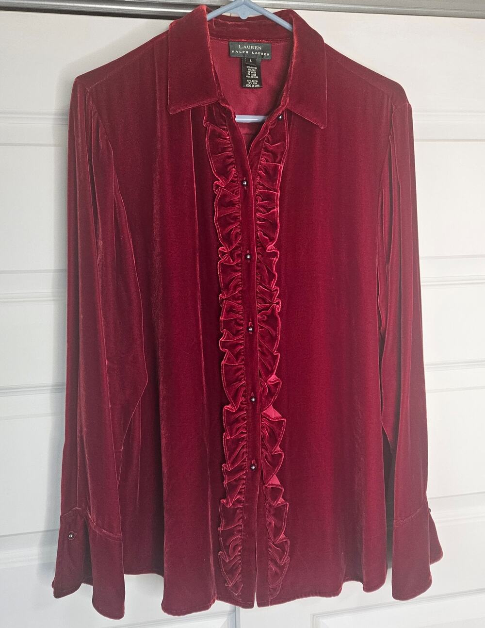 Lauren Ralph Lauren Burgundy Red Velvet Ruffle Button Up Blouse Shirt Large